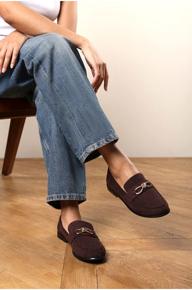 Freyja Knot Trim Hardware Detail Flat Loafers in Brown Suede