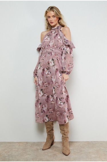 Cold Shoulder Ruffle Halterneck Midi Dress