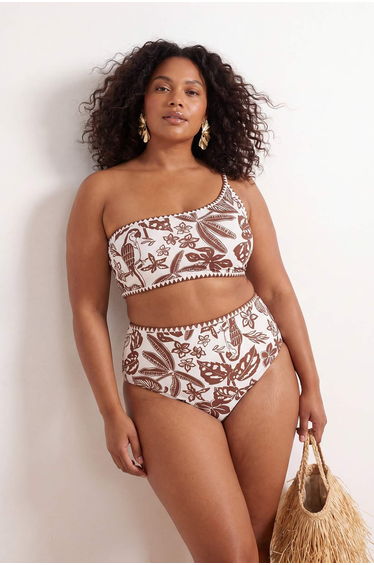 Brown Tropical Patterned Embroidered One-Shoulder Plus Size Bikini Top