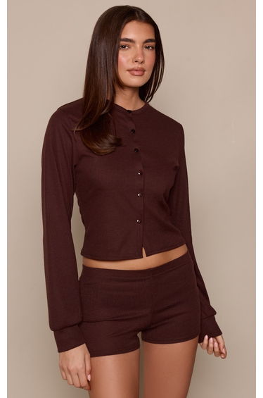 Dark Brown Ribbed Cinched Waist Cardigan
