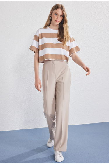 Beige Back Elastic Waist Straight Cut Woven Trousers
