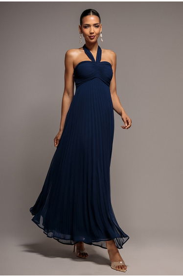Sleeveless Pleated Chiffon Multiway Scarf Maxi Dress - Navy Blue by Goddiva