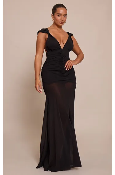 Shape Black Knot Detail Plunge Neck Ruched Maxi Dress