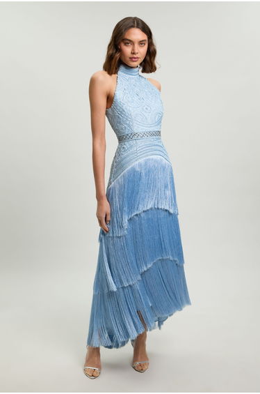 Fringed Beaded Halter Neck Woven Maxi Dress
