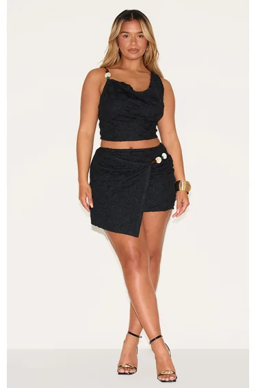 Shape Black Textured Wrap Over Beaded Trim Mini Skirt