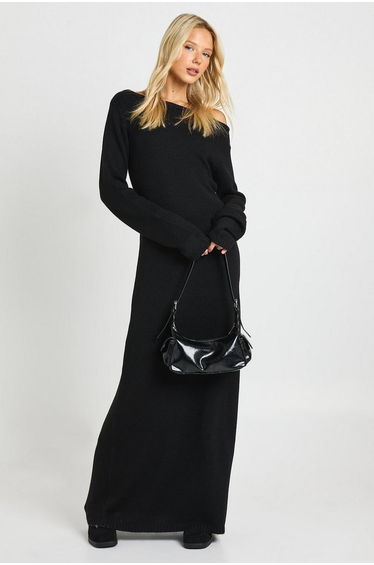 Knitted Slash Neck Maxi Dress - black