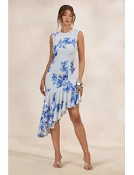 Isalyn | Blue Floral Print Round-Neck Midi Dress With Asymmetric Hemline