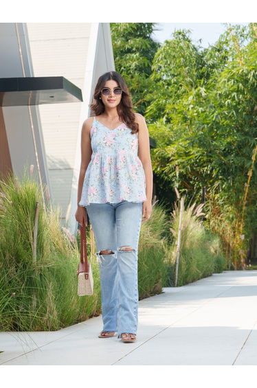 Floral Printed Pure Cotton Strappy Peplum Top