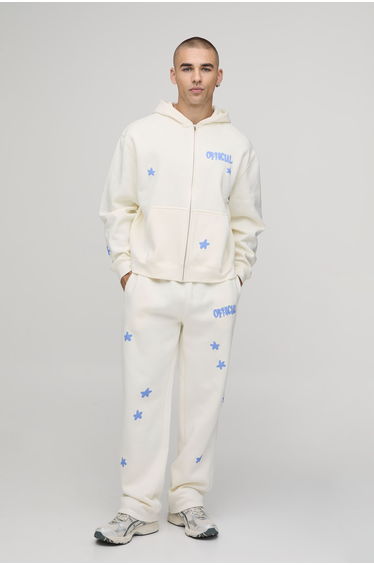 Oversized Boxy Official Flower Graphic Zip Through Hooded Tracksuit - ecru
