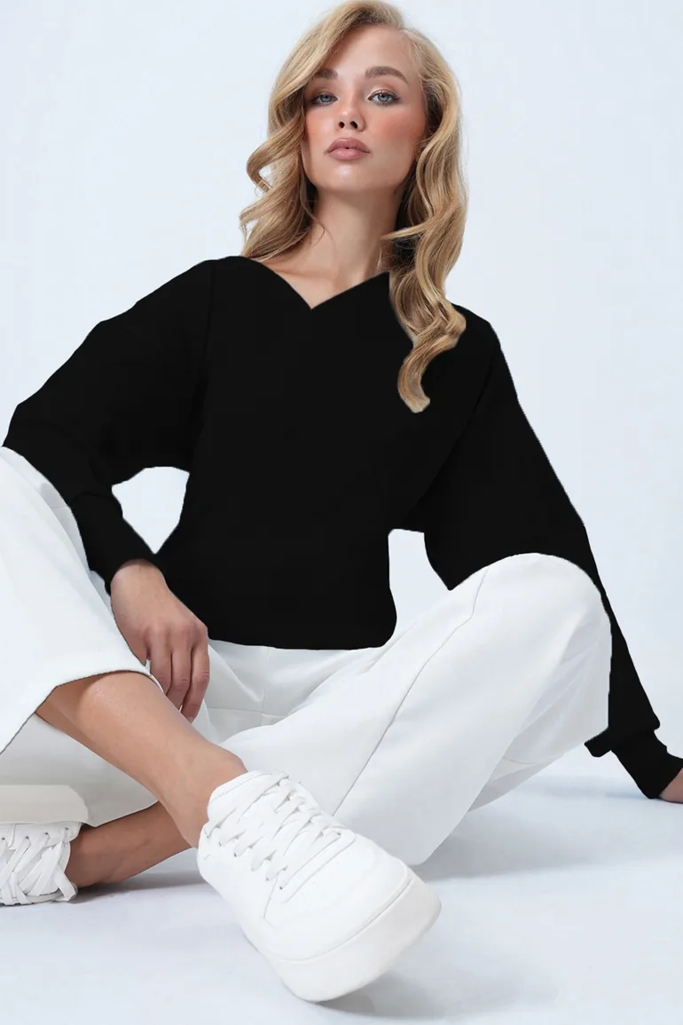 Women's Black Front Back V-Neck Asymmetrical Cut Blouse - 1