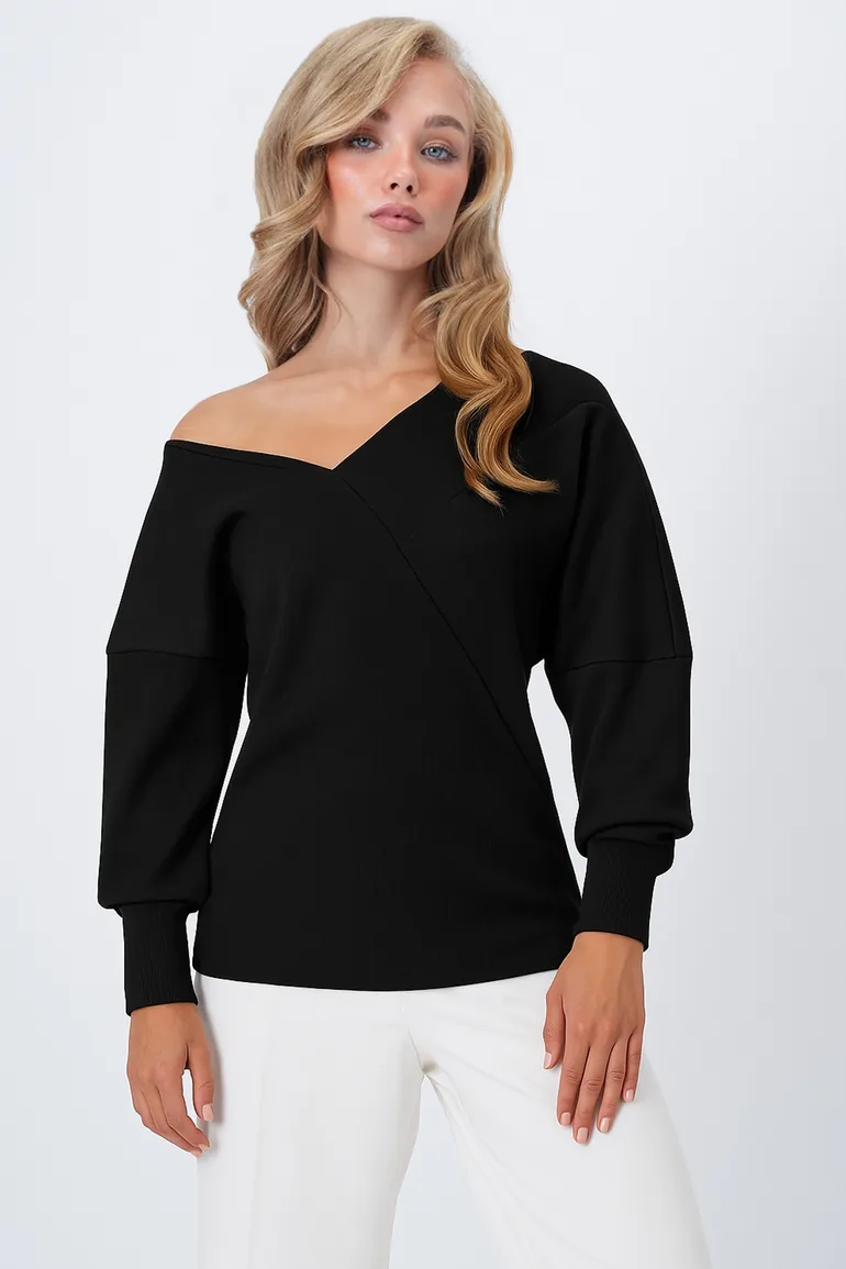 Women's Black Front Back V-Neck Asymmetrical Cut Blouse
