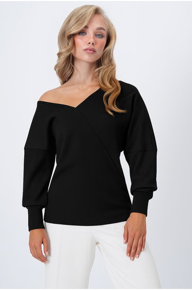 Women's Black Front Back V-Neck Asymmetrical Cut Blouse