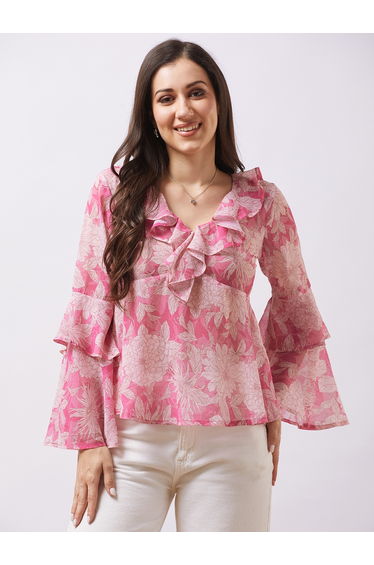 Pink Layered Flared Sleeves Georgette Top