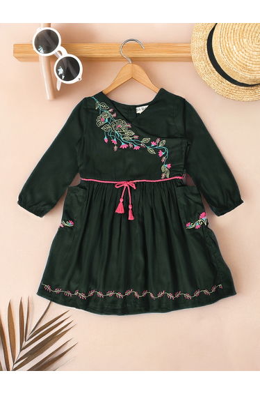 Floral Embroidered Wrap Knee-Length Dress