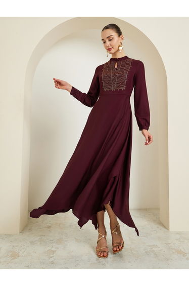 Maroon Embellished Asymmetrical Hem Maxi Dress