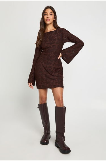 Burnout Floral Open Back Flare Sleeve Mini Dress - chocolate