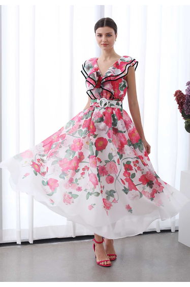 Blooming Floral Tiered Ruffle Belted Maxi Dress