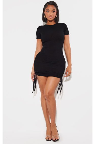 Shape Black Rib Short Sleeve Ruched Side Bodycon Dress