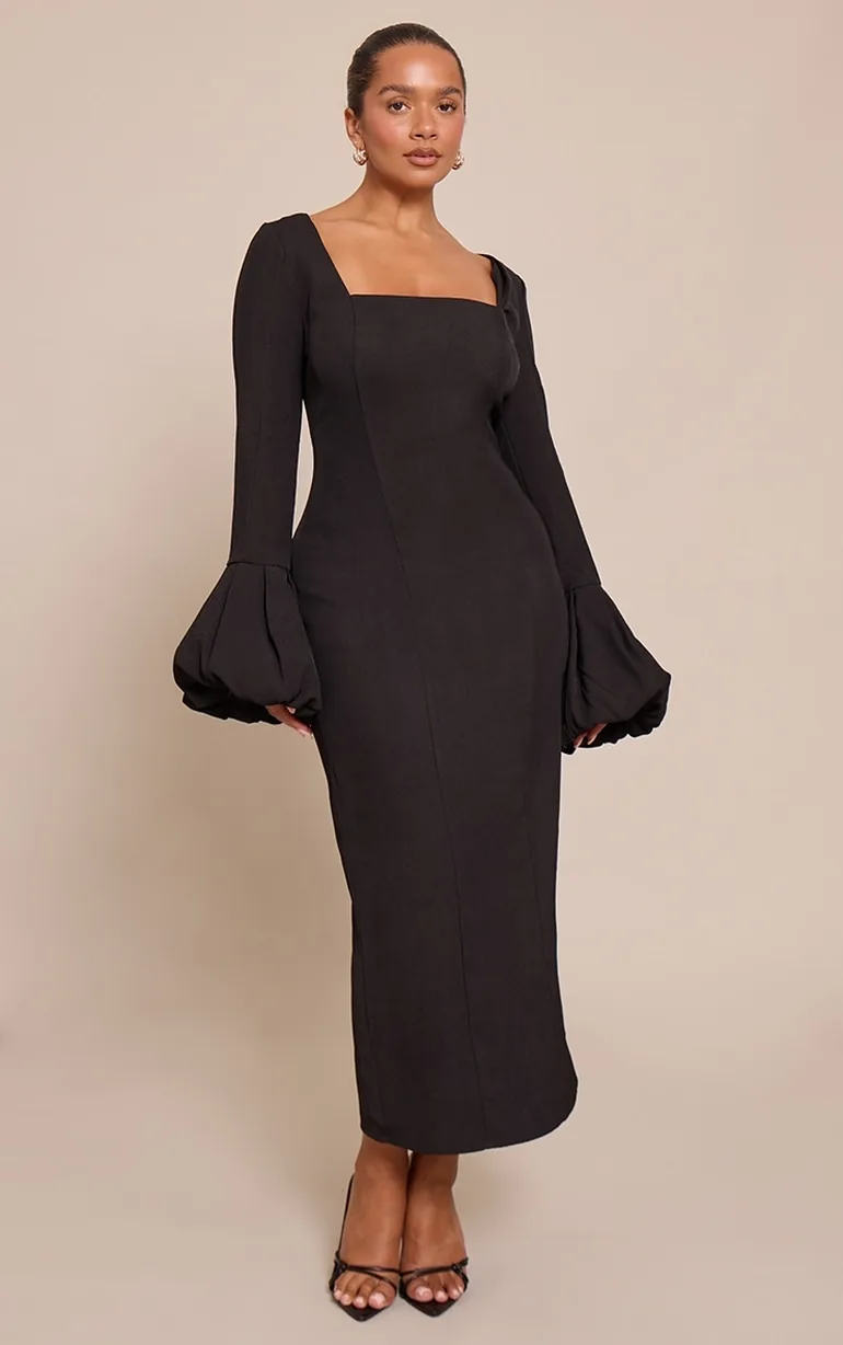 black square neck dress with sleeves Katniss Black Maxi Dress, Puff Sleeves, Square Neck