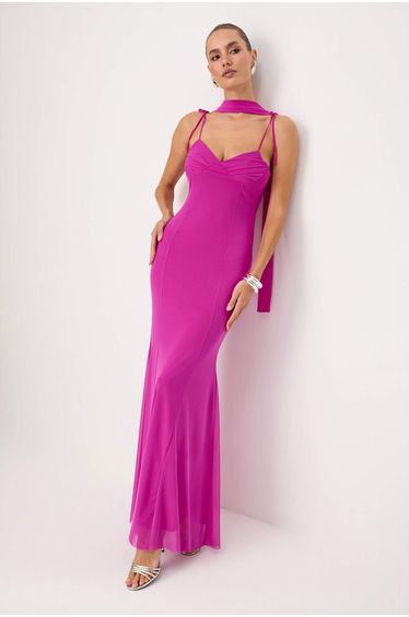 Fuchsia Heart Neckline Fish Maxi Form Woven Satin Evening & Graduation Dress