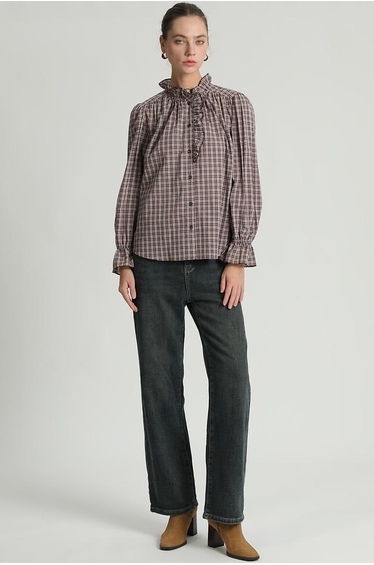Checked Ruffled High Neck Blouse