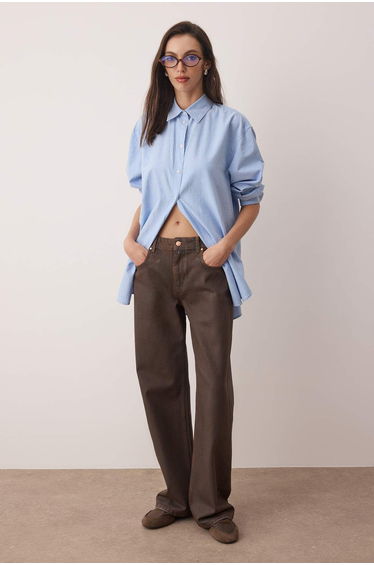 Brown Regular Waist Coated Detail Wide Leg Jeans