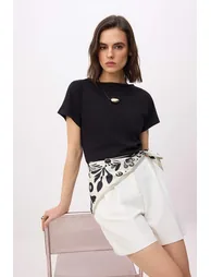 Black Plain Relaxed Boat Neck Low Sleeve Short 100% Cotton Knitted T-Shirt - 1