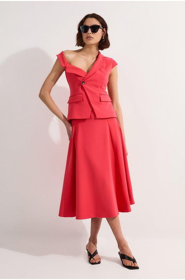 Compact Stretch Asymmetric Collar Belted Full Skirted Tailored Midi Dress