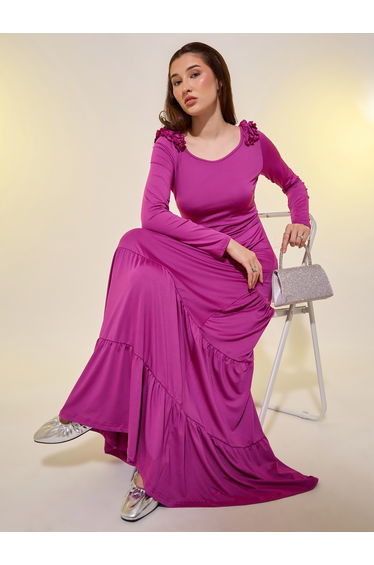 Pink Solid V Neck Ruffle Trim Tiered Maxi Dress