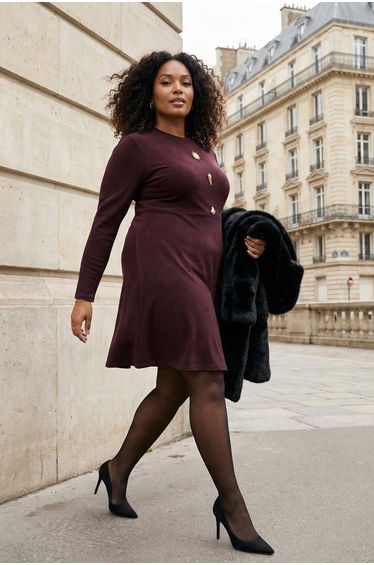 Brown accessory button a-line ribbed knit plus size dress