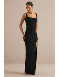 Black Square-Neck Maxi Dress With Front Split - 2