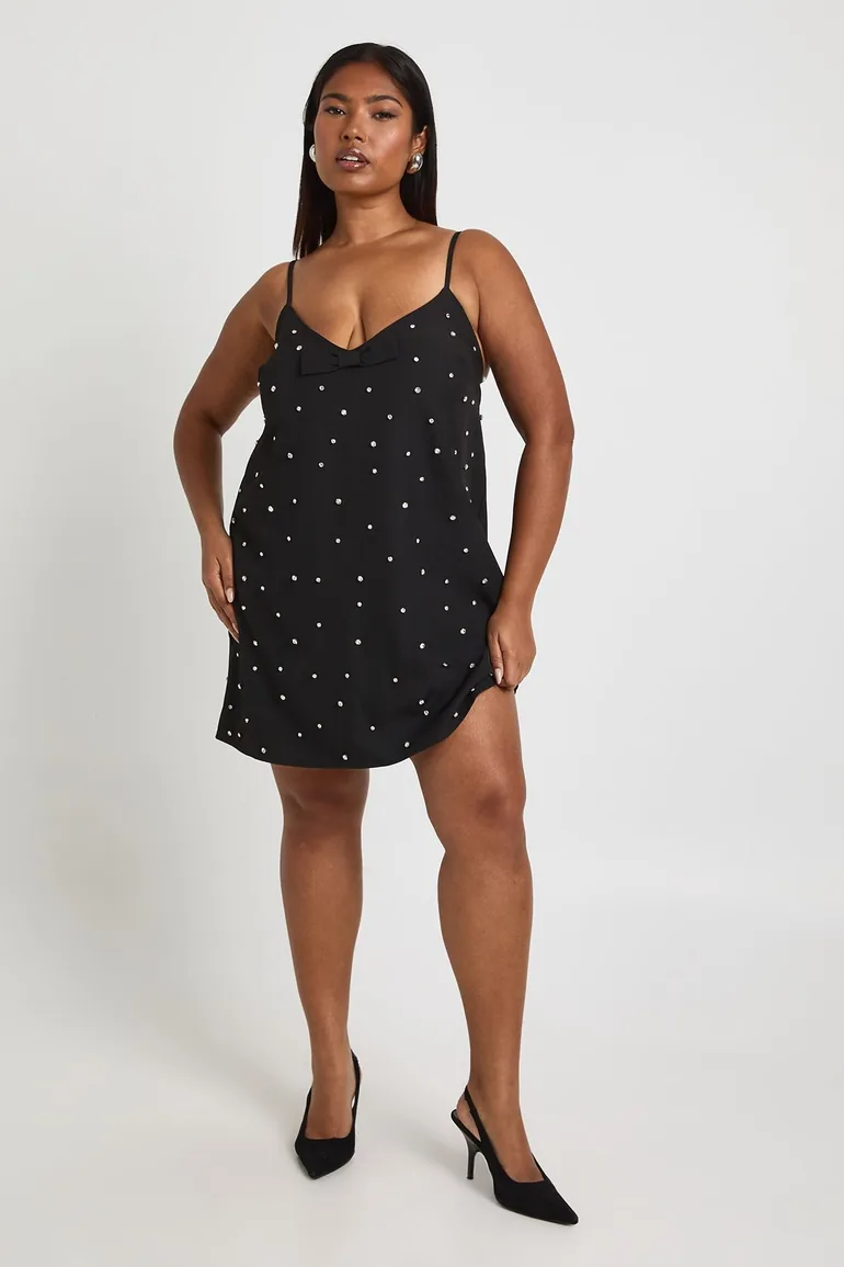 Plus Diamante Bow Strappy Shift Dress - black