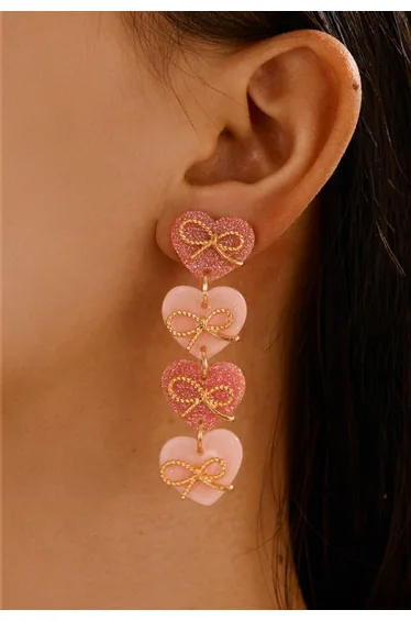 Glitter Pinky Heart Bow Drop Earrings
