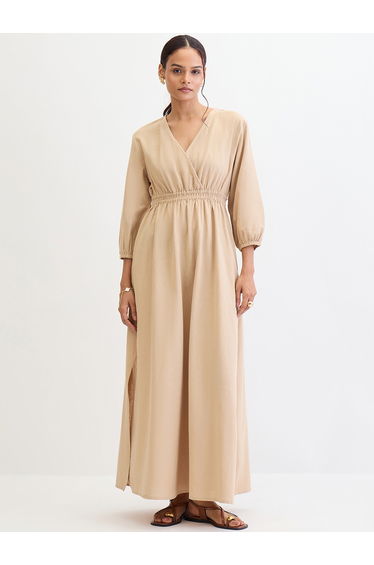 Beige Linen Blend Slit Detail Maxi Dress