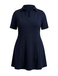 Navy Blue Polo Neck Skater/Waist Opening Mini Knitted Plus Size Dress - 4