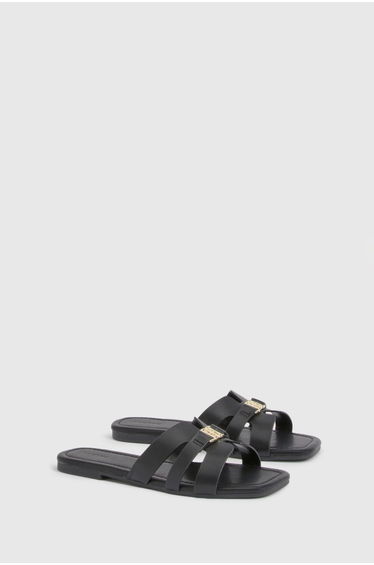 Strappy Buckle Detail Sliders - black