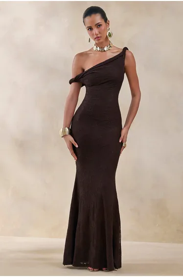 Afina | Brown Lace Asymmetric-Neck Maxi Dress