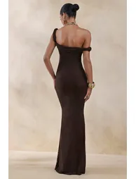 Afina | Brown Lace Asymmetric-Neck Maxi Dress - 3