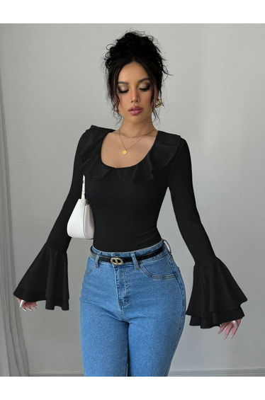 Women Black Solid Ruffled Neck Flare Sleeve Top