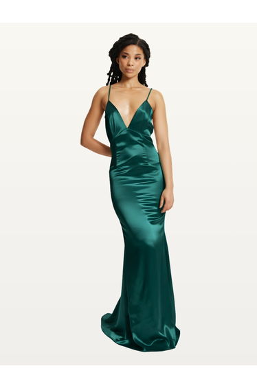 Green Satin Plunge Maxi Dress