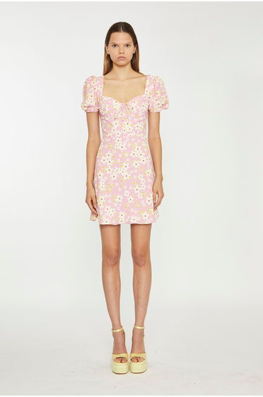 Pink-Olive-Yellow-Flower Puff Sleeve Mini Dress