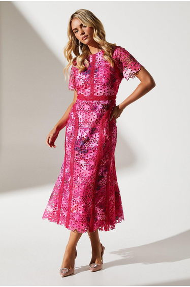Petite Printed Lace Midi Pencil Dress