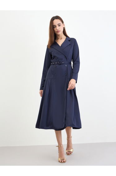 Navy Blue Belted Blazer Midi Dress