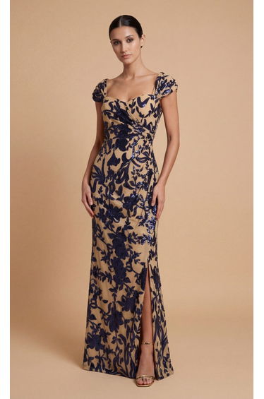 Thomasine Navy Floral Gathered Maxi Dress