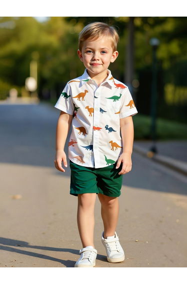 Boys Green Dinosaur Print Shirt and Shorts Set