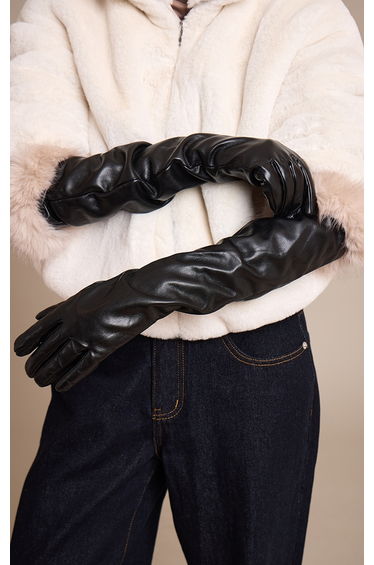 Black Contrast Full Length Fur Trim Gloves