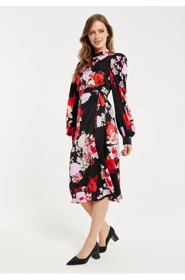 Women's Midi Wrap Dress with Long Balloon Sleeves in Rose Print and Open Back Detail - Liquorish