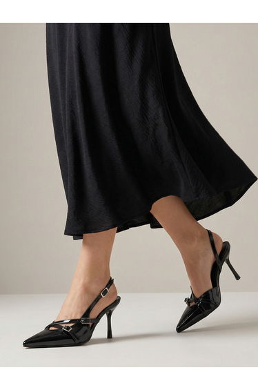 Black Patent Leather Buckled Slingback Shoes