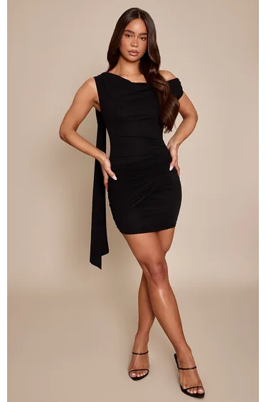 Black Double Slinky One Sleeve Slinky Mini Dress