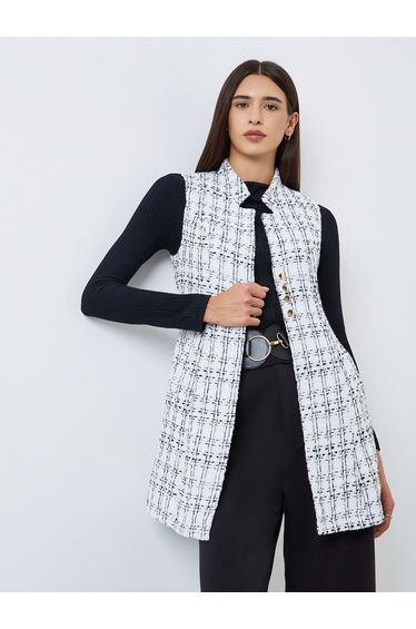 Checked Tweed Look Sleeveless Jacket